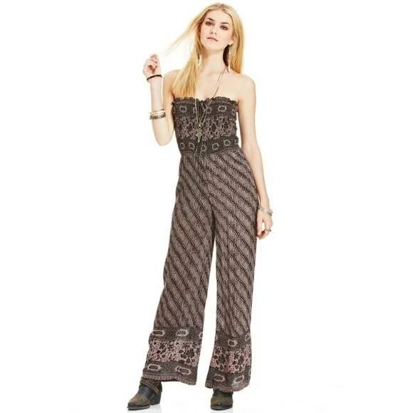 Free People Pants - Free People Bohemian Strapless Jumpsuit XS Brown Batik Print Flowy Wide Leg